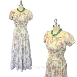 Trixxi White Floral Print Milkmaid Midi Dress Size S Off the Shoulder Prairie